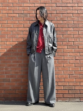 「WYM LIDNM（ウィム バイ リドム）のT/C BASIC KNIT SHIRT CARDIGAN（シャツ/ブラウス、レッド系）」を使った、suguruさん（メンズ・180cm）の春コーディネート