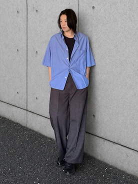 「WYM LIDNM（ウィム バイ リドム）のTENCEL WIDE HALF SLEEVE SHIRT（シャツ/ブラウス、ブルー系）」を使った、suguruさん（メンズ・180cm）の夏コーディネート