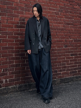 「WYM LIDNM（ウィム バイ リドム）のMICRO SPAN CROPPED SHIRT（シャツ/ブラウス、グレー系）」を使った、suguruさん（メンズ・180cm）の春コーディネート