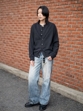 「WYM LIDNM（ウィム バイ リドム）のT/C CREW COMPACT CARDIGAN（カーディガン/ボレロ、グレー系）」を使った、suguruさん（メンズ・180cm）の春コーディネート