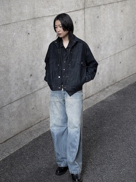 「WYM LIDNM（ウィム バイ リドム）のDENIM CROPPED ZIP TRUCKER JK（デニムジャケット、ブルー系）」を使った、suguruさん（メンズ・180cm）の春コーディネート