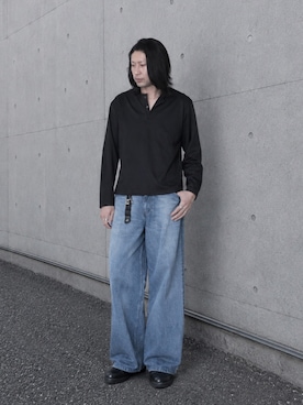 「WYM LIDNM（ウィム バイ リドム）のREFINED WAFFLE HENLEY NECK L/S TEE（Tシャツ/カットソー、ブラック系）」を使った、suguruさん（メンズ・180cm）の秋コーディネート
