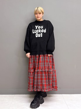 「赤チェック」｜「アイテム（ワンピース/ドレス）」を使った、カイトウ　ハルカさん（レディース・161cm）の冬コーディネート