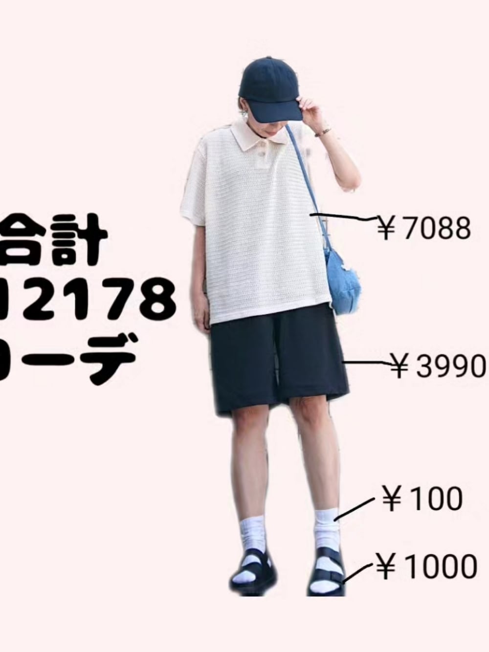 「プチプラ、プチプラコーデ、キャップ、ポロシャツ、ハーフパンツ、ソックス、靴下、サンダル、サンダルに靴下、デニム、韓国ファッション、韓国コーデ、シンプルコーデ、ショートパンツ」｜「Loo&cのアイテム（キャップ、ブルー系）」を使った、ちょしさん（レディース・160cm）の夏コーディネートの1枚目の写真