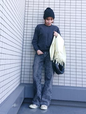 「ニットキャップ」｜「アイテム（スウェット）」を使った、ちょしさん（レディース・160cm）の冬コーディネート