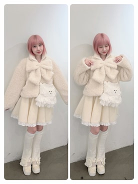 「merry jenny（メリージェニー）のribbonフェイクファージャケット（ブルゾン、ホワイト系）」を使った、ZLY0924🍒さん（レディース・165cm）の夏コーディネート