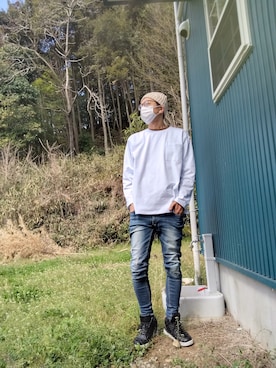 「ヒラキ（ヒラキ）のアイテム（スニーカー）」を使った、デニム大好きおじさん夏は白Ｔさん（メンズ・180cm）の春コーディネート