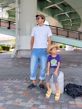 「RATTLE TRAP（ラトルトラップ）のアイテム（帽子）」を使った、デニム大好きおじさん夏は白Ｔさん（メンズ・180cm）の夏コーディネート