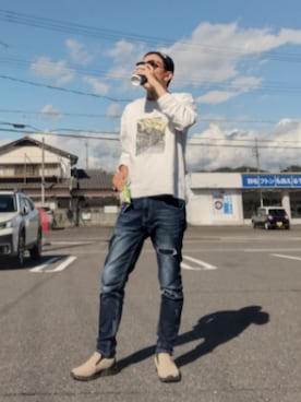 「アイテム（スリッポン）」を使った、よく食べてよく寝て音楽聴いて時々旅行さん（メンズ・180cm）の秋コーディネート