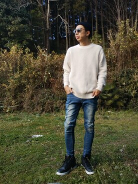 「ヒラキ（ヒラキ）のアイテム（スニーカー）」を使った、デニム大好きおじさん夏は白Ｔさん（メンズ・180cm）の冬コーディネート