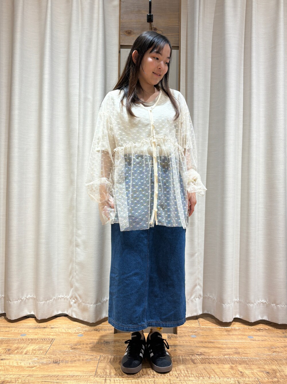 「低身長コーデ、初夏スタイル、大人かわいい」｜「ehka sopoの【オールマイティボトム】スカート（スカート、ブルー系）」を使った、まなみさん（レディース・149cm）の春コーディネートの1枚目の写真