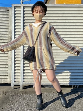 「巾着バッグ」｜「アイテム（ハンチング/ベレー帽）」を使った、🍑さん（レディース・153cm）の冬コーディネート