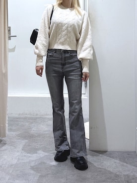 「FREE'S MART（フリーズマート）の◆パール付きケーブルショート丈ニット（ニット/セーター）」を使った、mfmsayaさん（レディース・160cm）の秋コーディネート