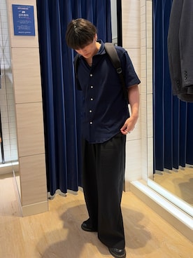 「NOLLEY’S（ノーリーズ）の《ビジカジ対応》リンクス イタリアンカラー半袖シャツ 26SS（シャツ/ブラウス、ブルー系）」を使った、RYOUGAさん（メンズ・177cm）の春コーディネート