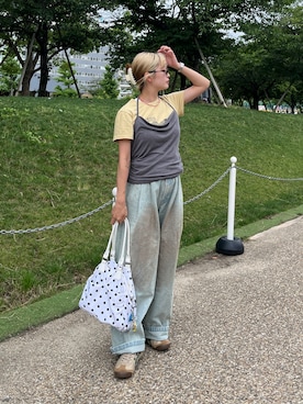 「CANAL JEAN（キャナルジーン）のLakey Park　"Still LOOK here"Tシャツ（Tシャツ/カットソー、イエロー系）」を使った、ayuriさん（レディース・158cm）の夏コーディネート