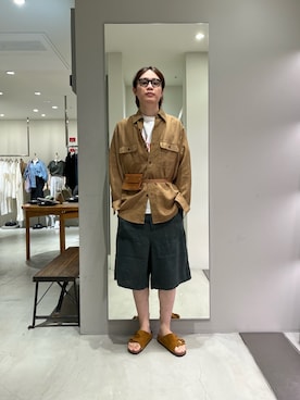 「URBAN RESEARCH（アーバンリサーチ）のSANDWASH LINEN WORK SHIRTS（シャツ/ブラウス、ブラウン系）」を使った、tko(オッチー)さん（メンズ・174cm）の夏コーディネート