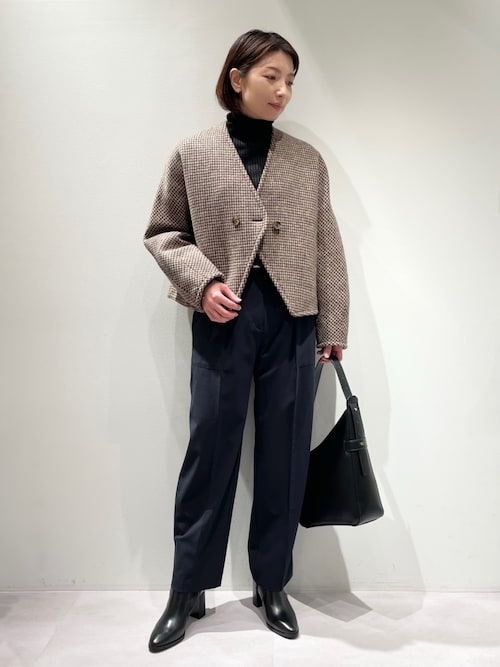 カリテ　コート ショート丈 千鳥格子　チェック柄　M セール】千鳥チェックショートーコート（ノーカラーコート