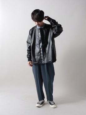 「GLOSTER（グロスター）のアイテム（ライダースジャケット）」を使った、katsuさん（メンズ・170cm）の秋コーディネート