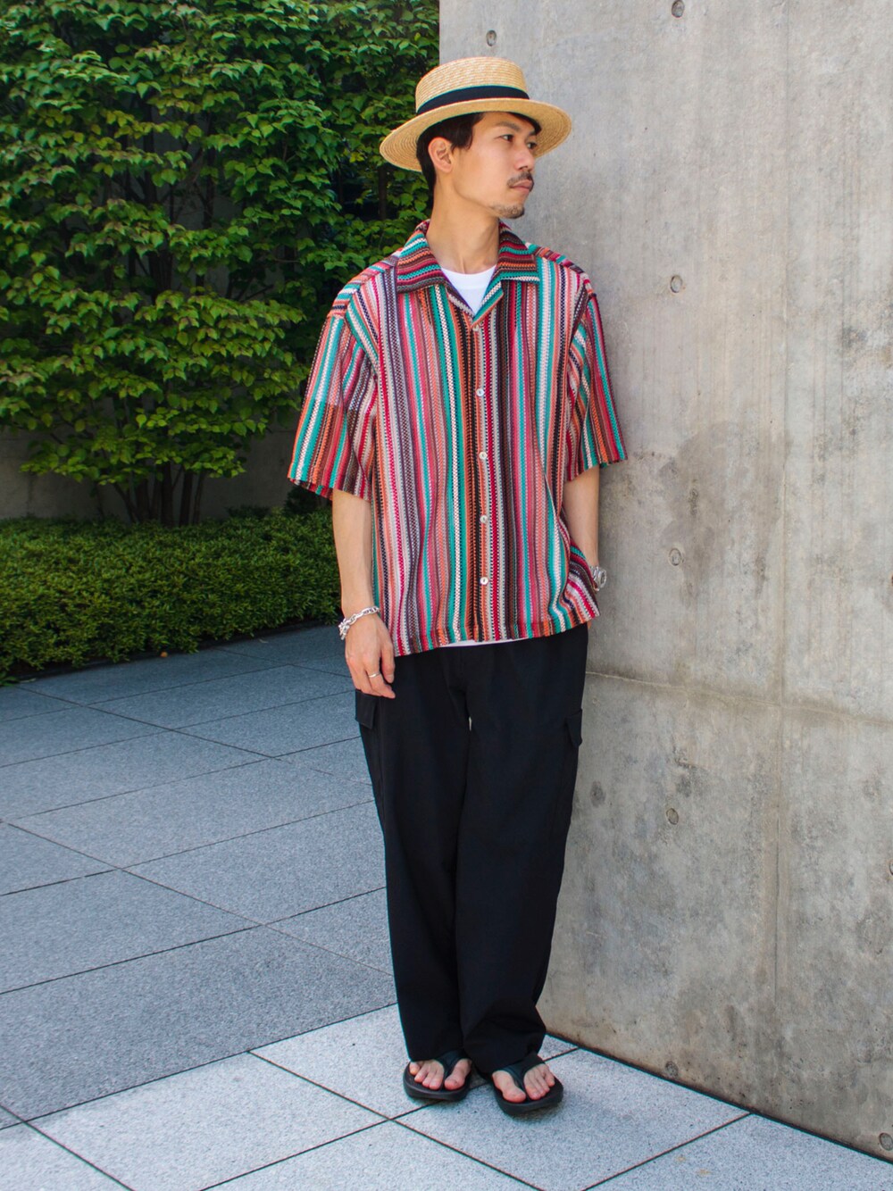 「ごきげんウィーク、FREDY&GLOSTER、フレディアンドグロスター、gloster、シャツスタイル、カジュアルコーデ、サンダル、春夏コーデ、休日スタイル、麦わら帽子、カーゴパンツ、シャツコーデ、おしゃれさんと繋がりたい、お洒落さんとつながりたい、いいね、save、フォローお願いします🤑」｜「PRO CLUB の【PRO CLUB/プロクラブ】6.5オンス ヘビーウエイト ビッグシルエットクルーネックTシャツ（Tシャツ/カットソー、ホワイト系）」を使った、katsuさん（メンズ・170cm）の春コーディネートの1枚目の写真