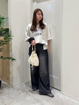 「CIAOPANIC TYPY（チャオパニックティピー）の∴アシッドウォッシュカレッジロゴオーバーTee（Tシャツ/カットソー、グレー系）」を使った、ちなさん（レディース・162cm）の夏コーディネート