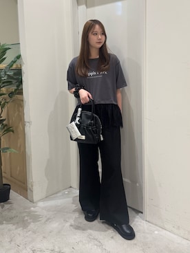 「CIAOPANIC TYPY（チャオパニックティピー）の【接触冷感/全方位着映え】裾レースドッキング半袖ロゴTee（Tシャツ/カットソー、グレー系）」を使った、ちなさん（レディース・162cm）の夏コーディネート