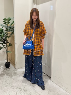 「HELLO.SANFRANCISCO（ハローサンフランシスコ）の【HELLO.SANFRANCISCO】マーガレットロゴがま口ショルダー（ショルダーバッグ、ブルー系）」を使った、ちなさん（レディース・162cm）の夏コーディネート