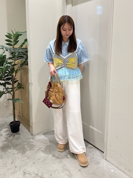 「HELLO.SANFRANCISCO（ハローサンフランシスコ）の【HELLO.SANFRANCISCO】プリントロゴチュールキャミビスチェ（キャミソール、グレー系）」を使った、ちなさん（レディース・162cm）の夏コーディネート