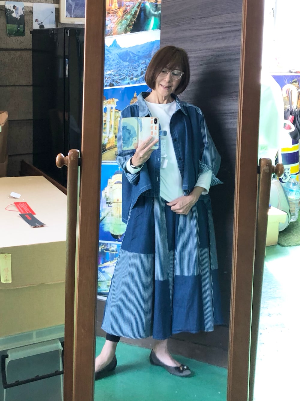 「春コーデ、セットアップ、デニムコーデ、ヒッコリー」｜「BRILLANTのアイテム（デニムスカート、ブルー系）」を使った、ruadaisukiさん（レディース・158cm）の春コーディネートの1枚目の写真