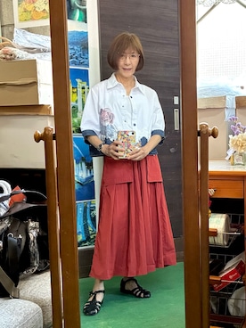 「TRUBEのアイテム（パンツ、レッド系）」を使った、ruadaisukiさん（レディース・158cm）の夏コーディネート