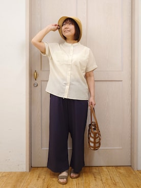「SHOO・LA・RUE（シューラルー）の【さらり快適/洗濯機可/S-LL】風が通り抜ける 半袖バンドカラーシアーシャツ（シャツ/ブラウス、イエロー系）」を使った、とろろさん（レディース・153cm）の夏コーディネート