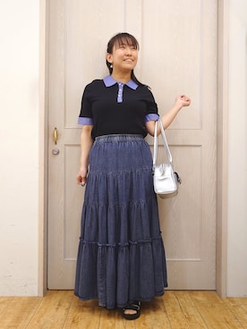 「SHOO・LA・RUE（シューラルー）の【洗濯機可/S-LL】シャツレイヤード風 テレコポロトップス（Tシャツ/カットソー、ブラック系）」を使った、とろろさん（レディース・153cm）の夏コーディネート