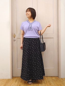 「SHOO・LA・RUE（シューラルー）の【毎日洗える/ひんやり/UV/S-LL】 毛玉になりにくい配色ボウタイ半袖ニット（ニット/セーター、ブルー系）」を使った、とろろさん（レディース・153cm）の夏コーディネート