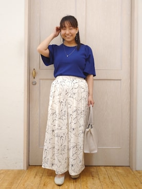 「SHOO・LA・RUE（シューラルー）の【毎日洗える/S-LL】ひらり袖で大人フェミニン 二の腕が隠れる5分袖ニット（ニット/セーター、ブルー系）」を使った、とろろさん（レディース・153cm）の春コーディネート