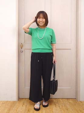 「SHOO・LA・RUE（シューラルー）の【洗濯機可/S-LL】キラッと華やか ラメライン五分袖ニット（ニット/セーター、グリーン系）」を使った、とろろさん（レディース・153cm）の夏コーディネート