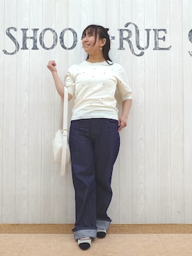 「SHOO・LA・RUE（シューラルー）の【S-LL/二の腕カバー】品よく隠せる　ドット刺繍5分袖ニット（ニット/セーター、ホワイト系）」を使った、とろろさん（レディース・153cm）の夏コーディネート