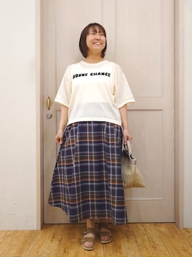 「SHOO・LA・RUE（シューラルー）の【体型カバー】程よい透け感 デザインアソート 5分袖シアーニット（ニット/セーター、ホワイト系）」を使った、とろろさん（レディース・153cm）の夏コーディネート