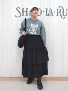 「ティアードスカート」｜「アイテム（ハンチング/ベレー帽）」を使った、とろろさん（レディース・153cm）の冬コーディネート