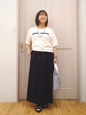 「SHOO・LA・RUE（シューラルー）の【体型カバー】程よい透け感 デザインアソート 5分袖シアーニット（ニット/セーター、ホワイト系）」を使った、とろろさん（レディース・153cm）の夏コーディネート