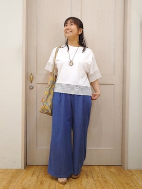 「SHOO・LA・RUE（シューラルー）の【洗濯機可/ひんやり/体型カバー/S-LL】レース使いがポイント デザインTシャツ（Tシャツ/カットソー、ホワイト系）」を使った、とろろさん（レディース・153cm）の春コーディネート