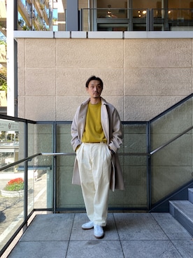 「クルーネックニット」｜「アイテム（ステンカラーコート）」を使った、tsubakiさん（メンズ・178cm）の秋コーディネート