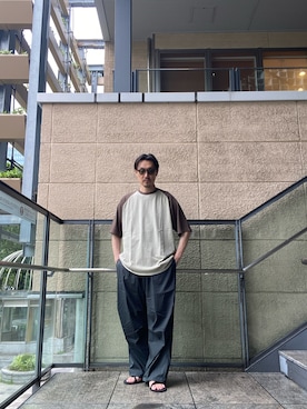 「FORK&SPOON（フォークアンドスプーン）のFORK&SPOON　撥水オーバーパンツ（その他パンツ、グリーン系）」を使った、tsubakiさん（メンズ・178cm）の夏コーディネート