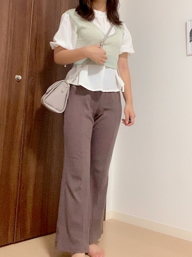 「しまむら（シマムラ）のリブフレアパンツ（パンツ、ブラウン系）」を使った、star🌟さん（レディース・157cm）の夏コーディネート