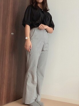 「GU（ジーユー）のチェックフレアパンツ（パンツ、グレー系）」を使った、star🌟さん（レディース・157cm）の夏コーディネート