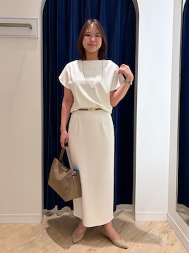 「NOLLEY’S Sophi（ノーリーズソフィ）の《撥水/セットアップ対応》ウォッシャブルマルチファンクションボートネックプルオーバー（Tシャツ/カットソー、ホワイト系）」を使った、ワタナベさん（レディース・159cm）の夏コーディネート