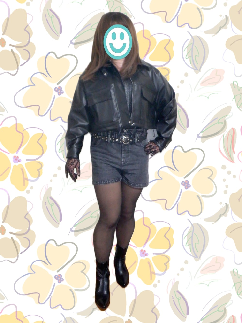 「ショートパンツ、デニム、デニムパンツ、ジャケット、ジャケットスタイル、レザー、レザージャケット、パンツスタイル、ショート丈アウター、ショート丈ジャケット、ショート丈、ブーツ、ロックテイスト、パンク、カジュアルコーデ」｜「ORiental TRafficのアイテム（ブーツ、ブラック系）」を使った、玉藻ノ後さん（レディース・170cm）の春コーディネートの1枚目の写真