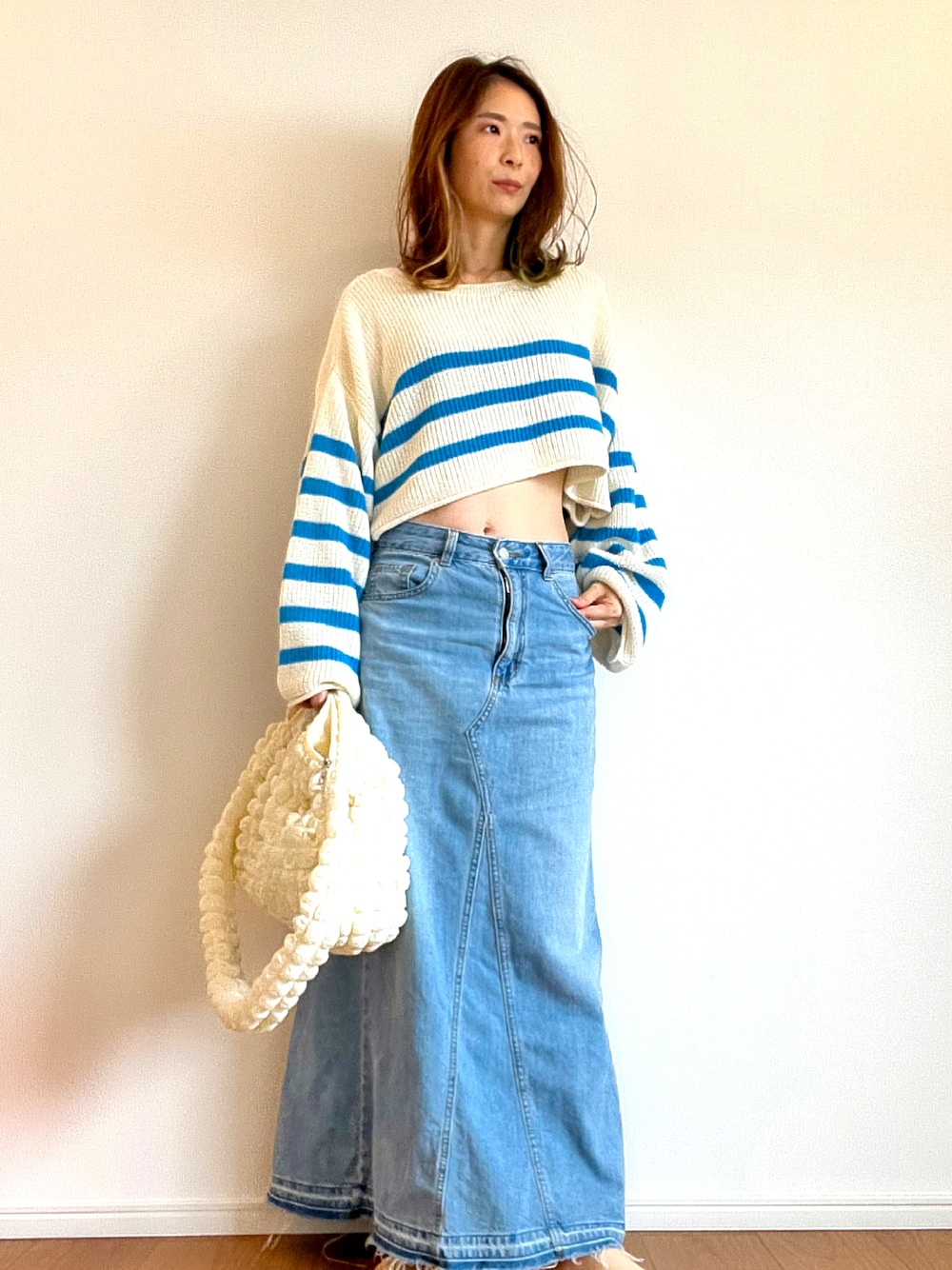 「夏コーデ、大人カジュアル、おしゃれさんと繋がりたい、低身長、アラフォー、ボーダー、ZARA、GU、骨格ウェーブ、カジュアル、大人かわいい、プチプラ、デニム、カジュアルコーデ」｜「SHIENのアイテム（ショルダーバッグ、ホワイト系）」を使った、Chikaさん（骨格ウェーブ・レディース・154cm）の春コーディネートの1枚目の写真