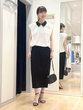 「NOLLEY’S（ノーリーズ）の《セットアップ対応/接触冷感》【BECシリーズ】ウォッシャブルハイスペックジャージノースリーブ（Tシャツ/カットソー、ホワイト系）」を使った、yamaguchiさん（レディース・163cm）の夏コーディネート
