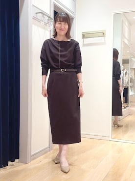「NOLLEY’S Sophi（ノーリーズソフィ）の【BECシリーズ】《セットアップ対応》ウォッシャブルライトダンボールジョーゼット2WAYタイトスカート（スカート、ブラウン系）」を使った、yamaguchiさん（レディース・163cm）の秋コーディネート