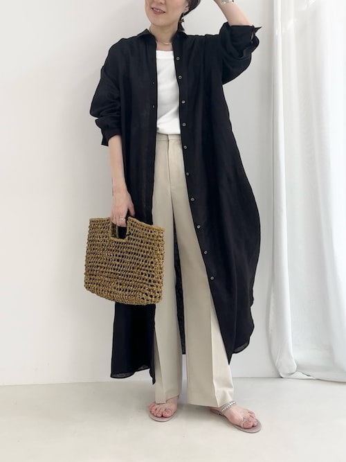 美品✨plantation リネン シャツコート 羽織 ワンピース ホワイト 2 リネン シャツワンピース 前開きギャザー 2way羽織り （オフ