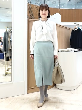 「アイテム（スカート、グリーン系）」を使った、yamaguchiさん（レディース・163cm）の冬コーディネート